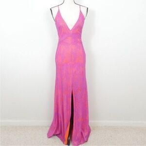 Rubber Ducky Bright Purple and Orange Lace Front Slit SZ Small Maxi Slip Dress
